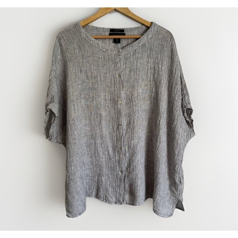 Tahari Gray Linen Boxy Top Women’s Medium Dolman Sleeves Coastal Beach Lagenlook